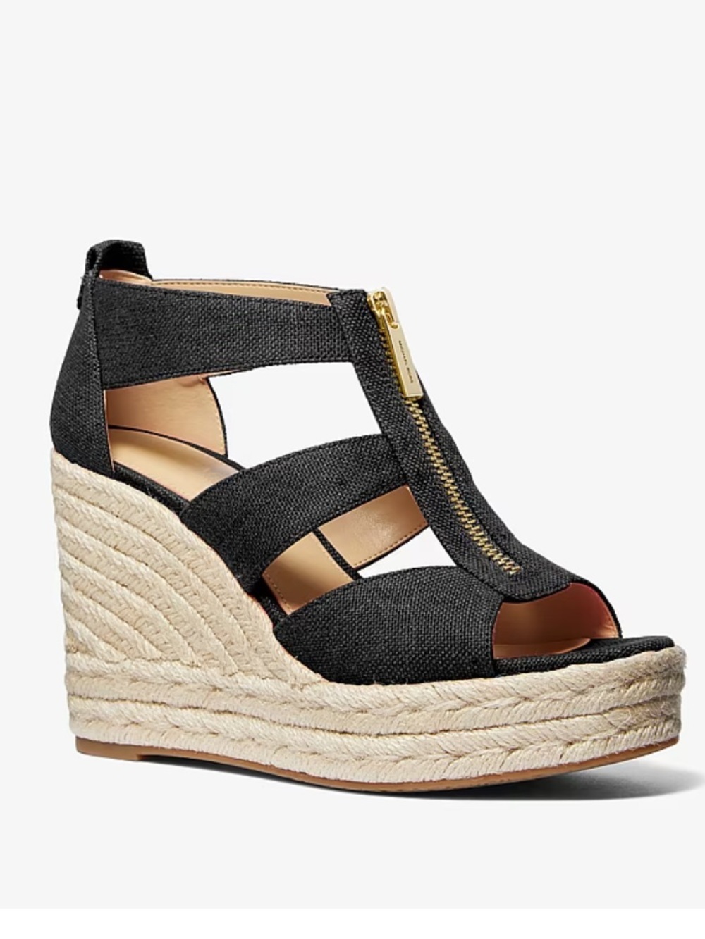 Michael Kors Black Canvas Espadrille Wedge Sandals with Gold Zip